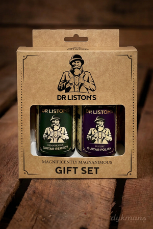 Dr. Liston's Guitar Remedy & Guitar Polish Set op een warme houten achtergrond