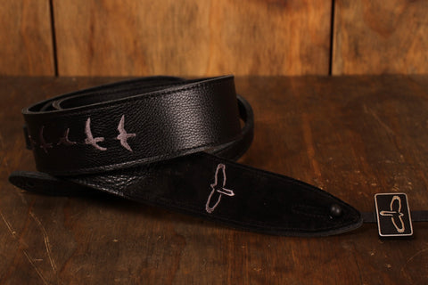 PRS Premium Leather Strap, Birds Embroidery, Black